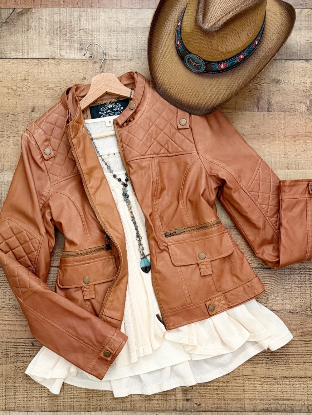 Cognac Quilted Moto Vegan Leather Jacket by BLANC NOIR - Picture 12 of 15